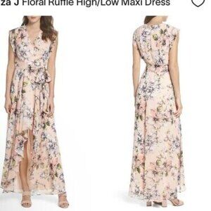 New Eliza J Blush Pink Floral Ruffle High Low Maxi Belted Cap Sleeve Dress P6449